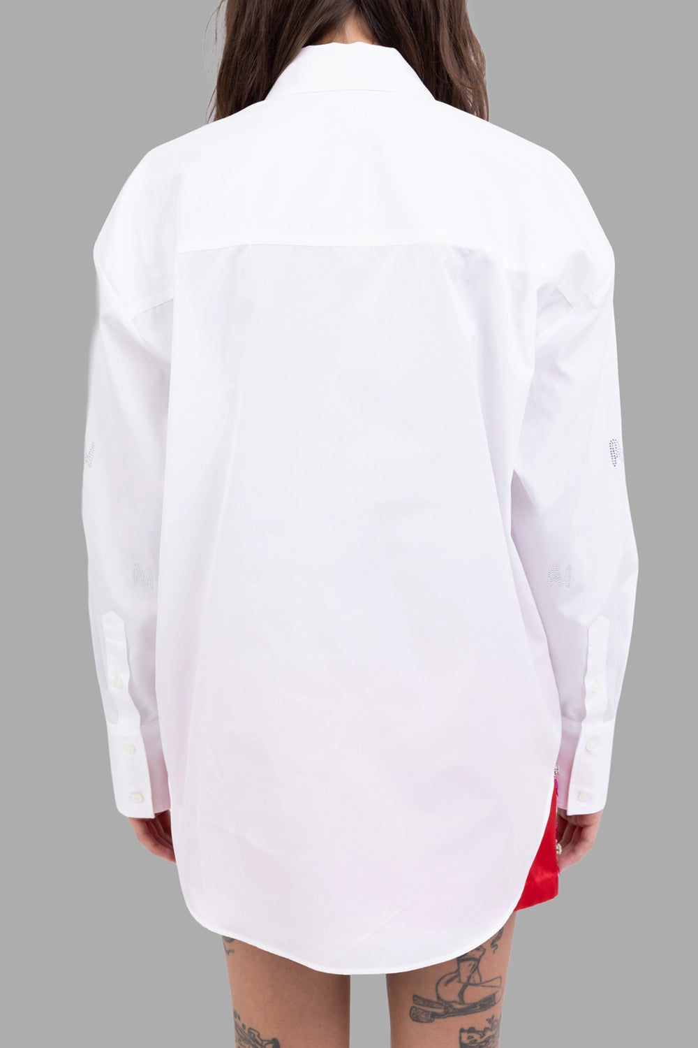 MSGM women's cotton shirt in white, back view, curved shirttail and long cuffs