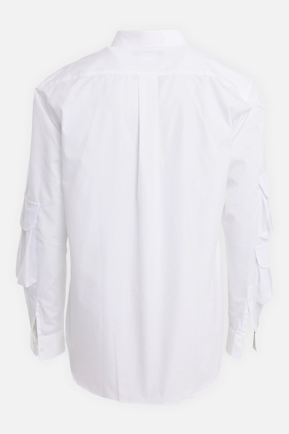 Comme des Garçons Homme Deux men's white shirt, back view, box pleat and mesh sleeve flap pockets