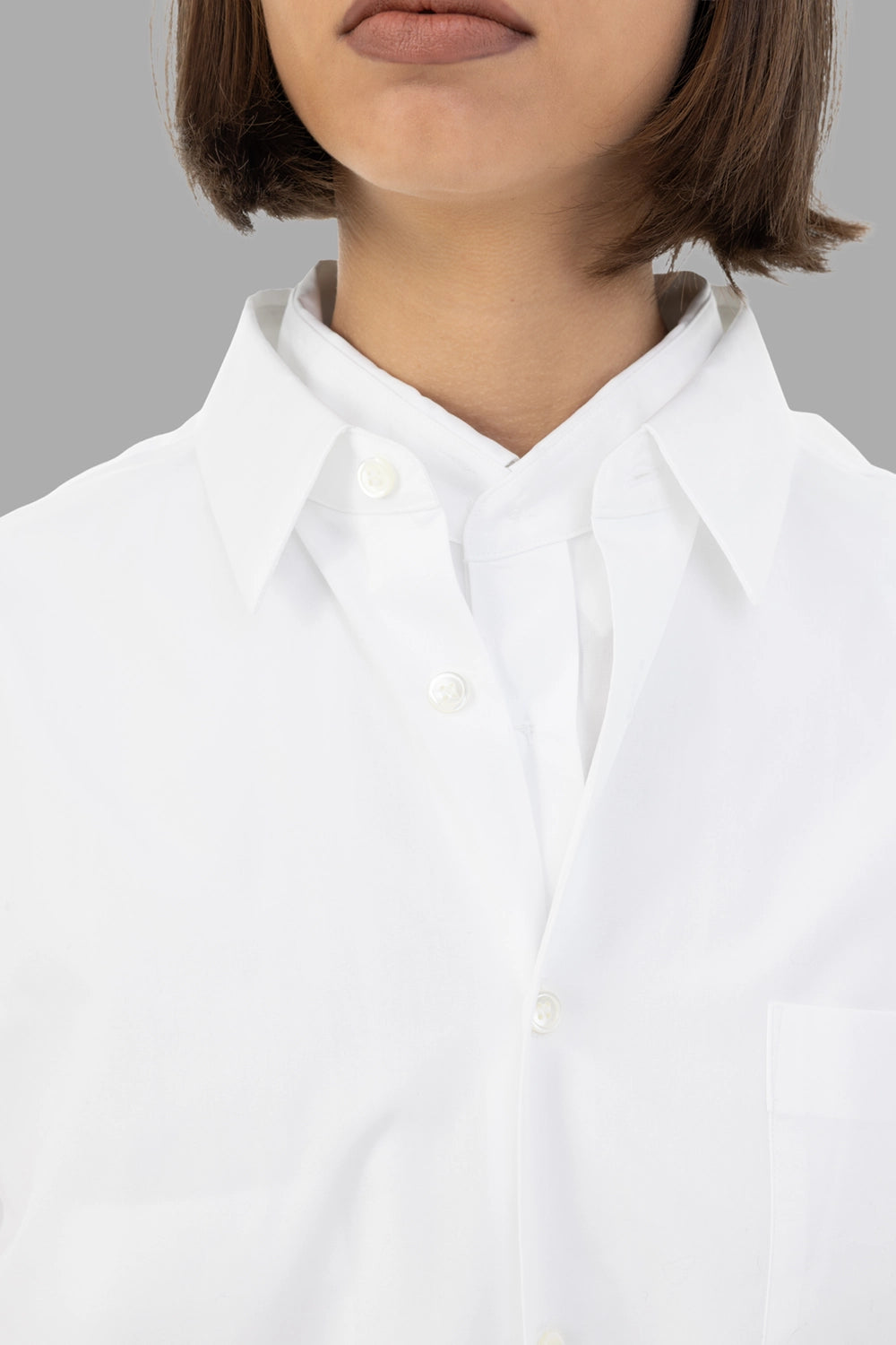 Comme des Garçons women's shirt in white, collar detail, twin collars with layered placket