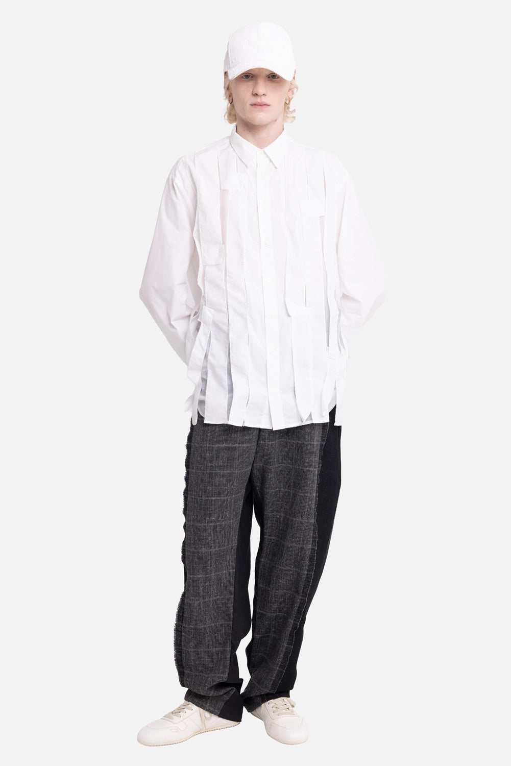 Giovanni Cavagna men's shirt in white, on-model full-length, vertical panel strips and button front