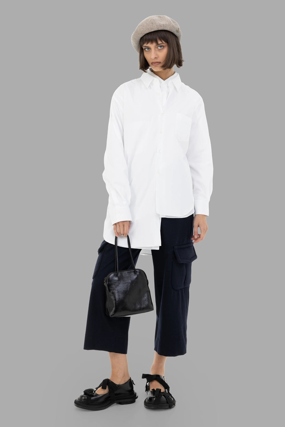 Comme des Garçons women's shirt in white, on-model full length, double-layer front and asymmetric hem