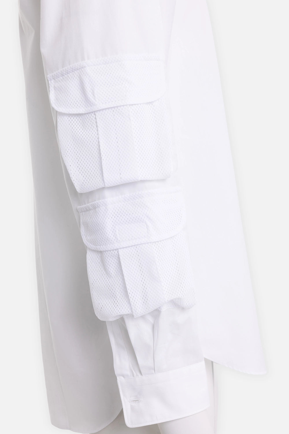 Comme des Garçons Homme Deux men's white shirt, detail view, layered mesh flap pockets on sleeve
