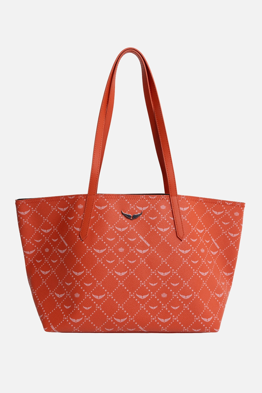 Zadig&Voltaire women's shopper tote in Flame, front view, metal wing emblem and monogram canvas