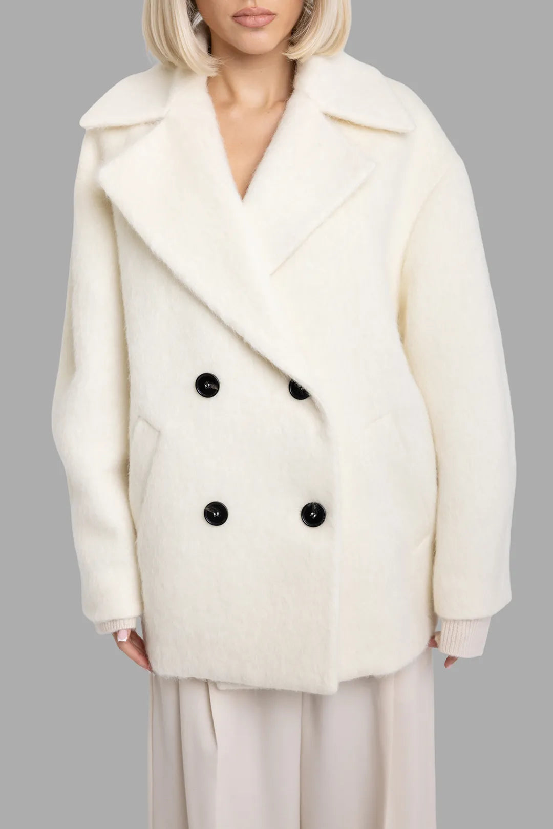MSGM women's off-white wool-blend short coat, front view, double-breasted buttons and wide peak lapels.