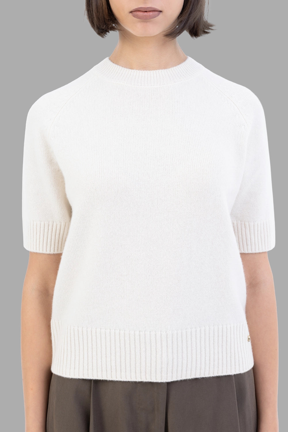 ANINE BING women short-sleeve cashmere sweater in ivory, front view, raglan sleeves and ribbed trims