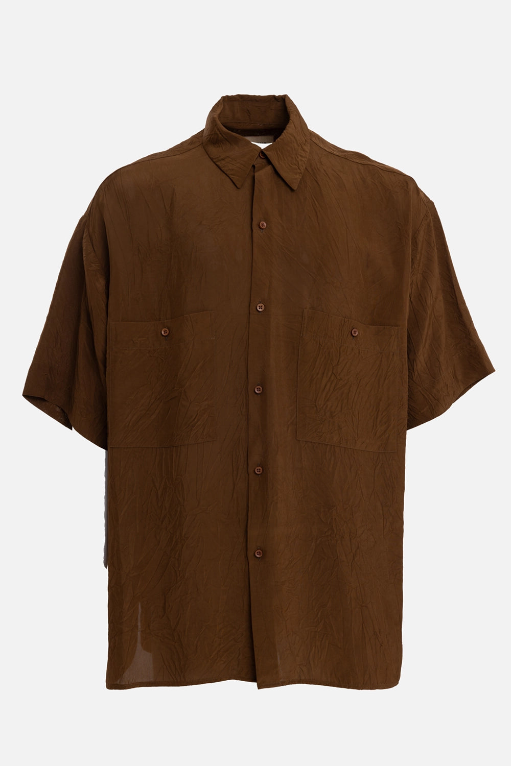 Uma Wang men's mustard short-sleeve shirt, front view, crinkled finish and two buttoned chest patch pockets