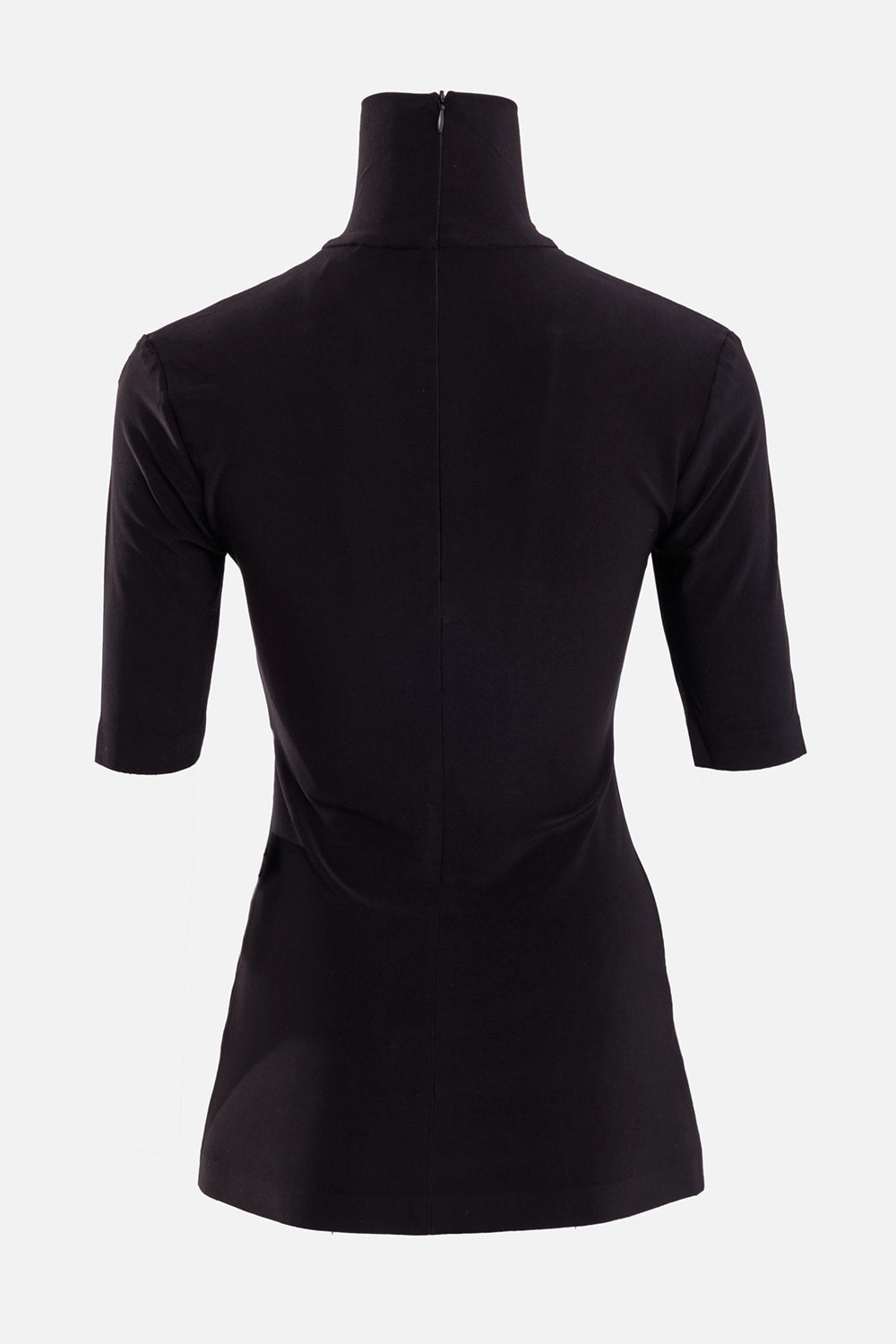 Norma Kamali women's turtleneck top in black, back view with center seam and concealed collar zip