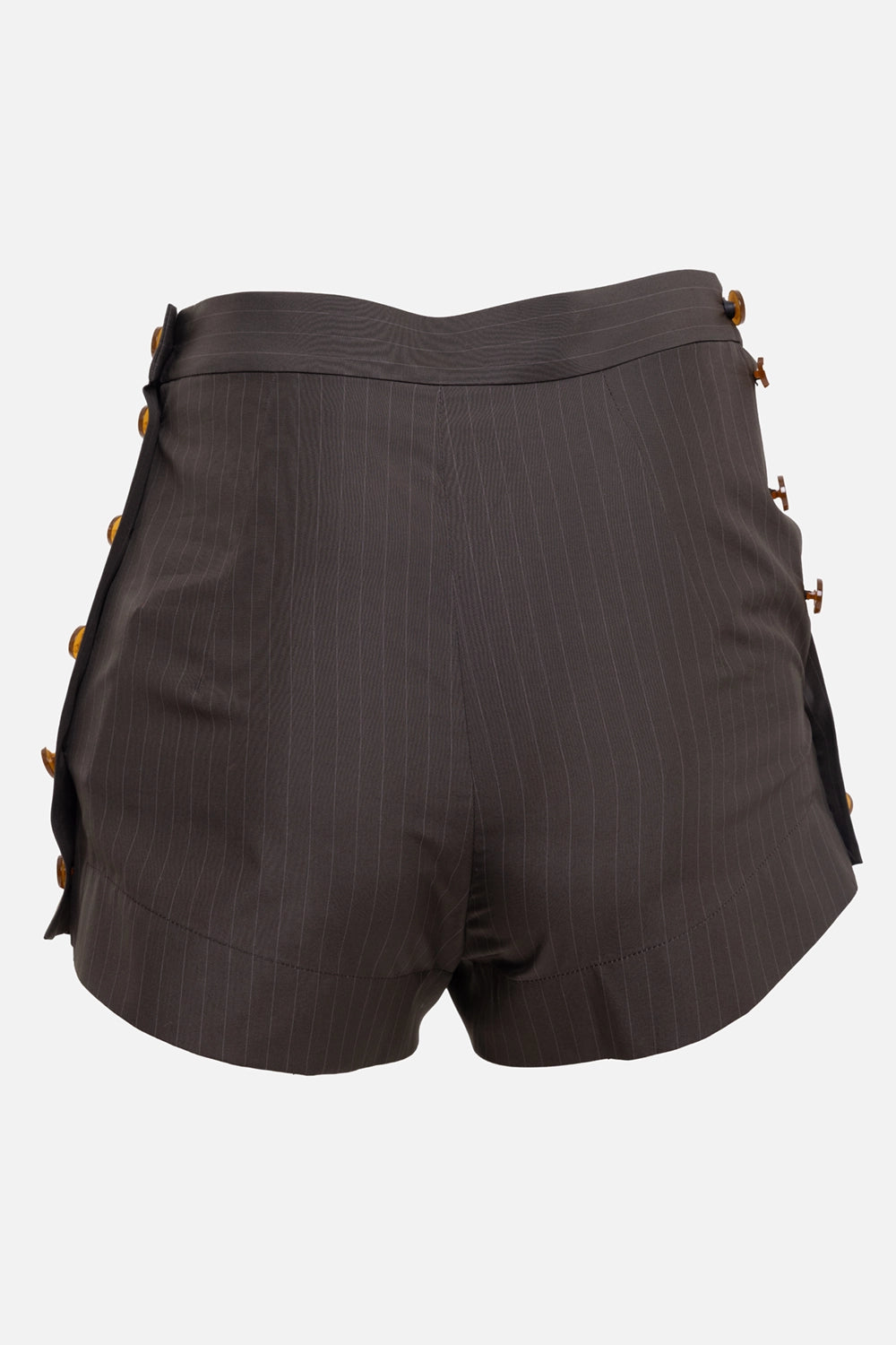 Vivienne Westwood women's shorts in dark khaki, back view, rear seam and short flared hem