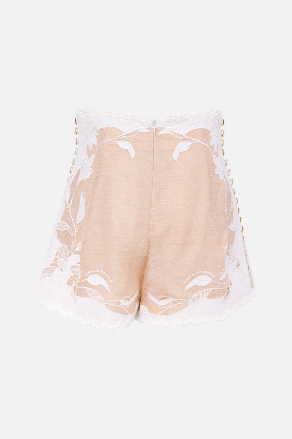 Pre-owned Zimmermann women's high-waist shorts in ivory, back view, concealed zip and scalloped hem