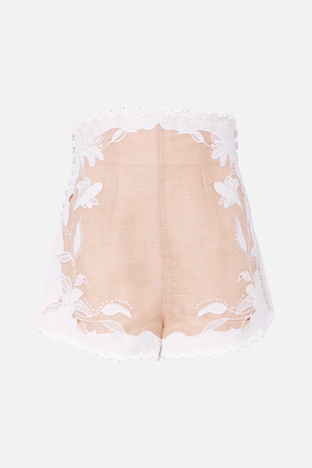 Pre-owned Zimmermann women's high-waist shorts in ivory, front view, floral embroidery and scalloped hem