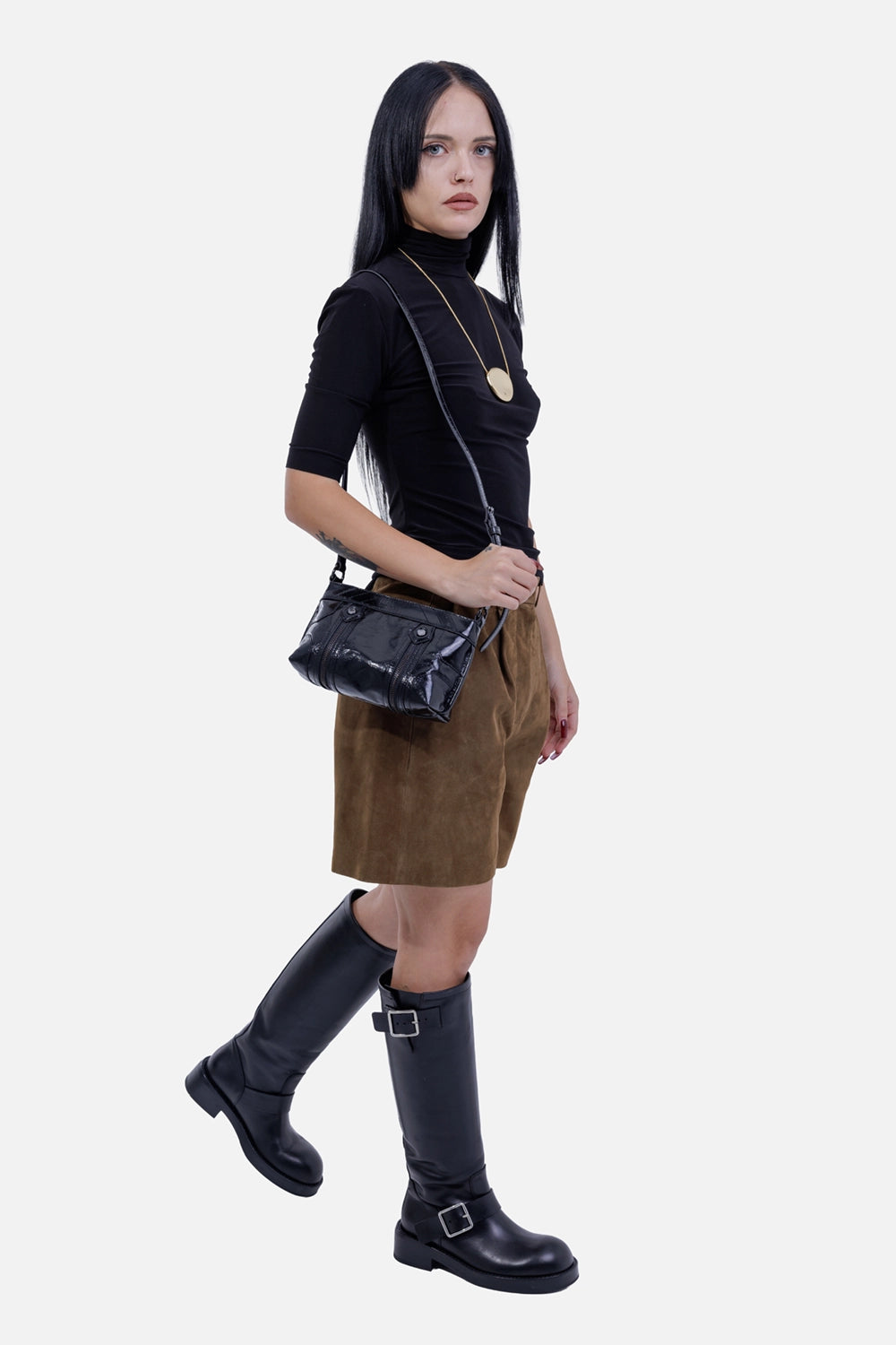Joseph women's suede shorts in Taupe, full-length model view, high waist and relaxed mid-thigh cut