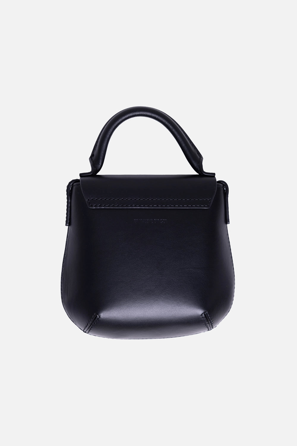 By Malene Birger women’s shoulder bag in black, back view, smooth leather panel with stitched flap strap detail