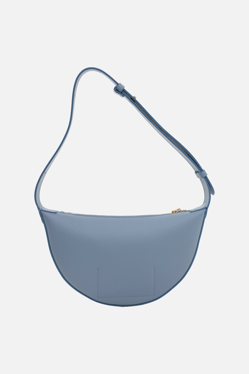 JOSEPH leather shoulder bag in chambray, back view, curved crescent shape with stitched patch pocket panel