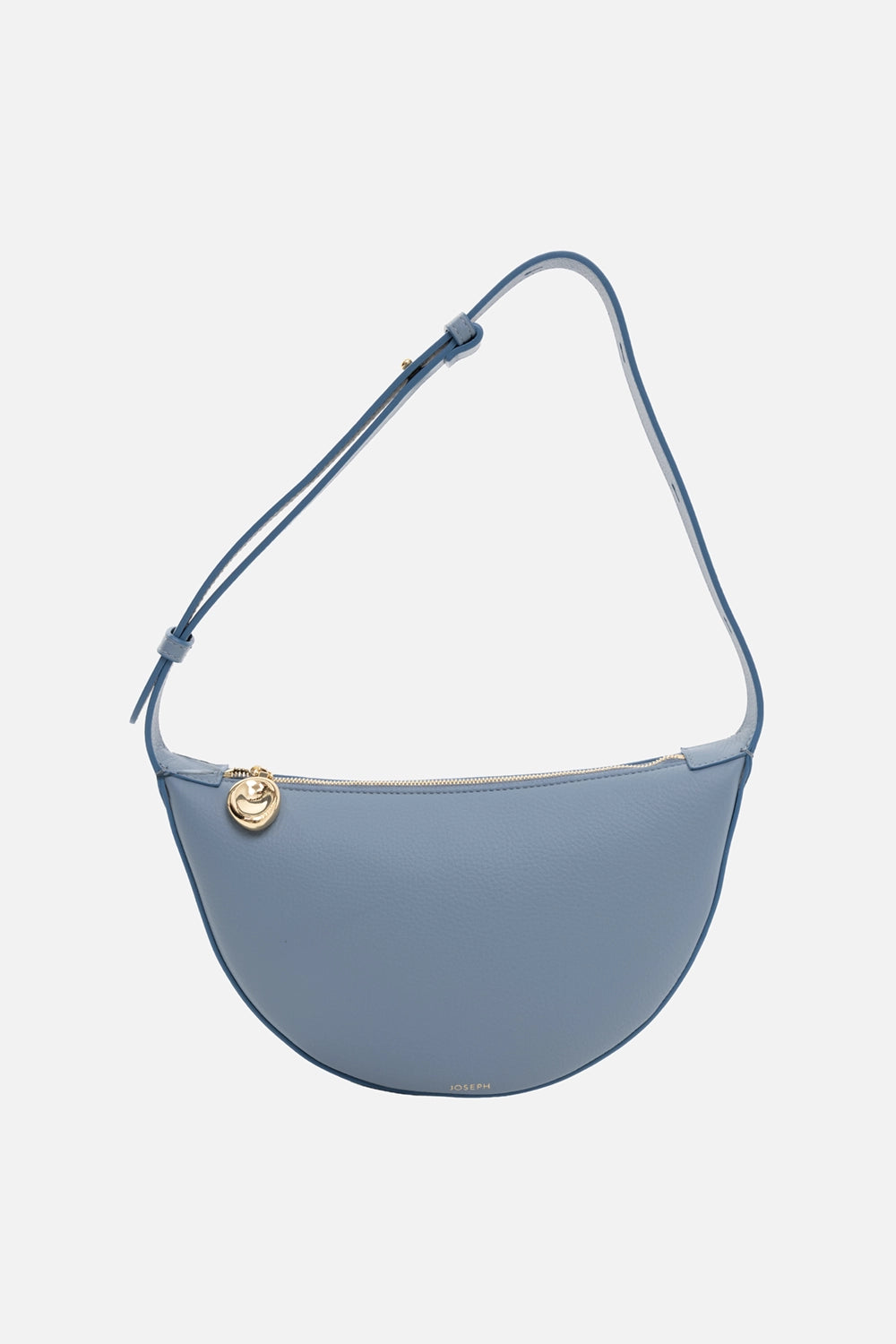 JOSEPH leather shoulder bag in chambray, front view, embossed logo at base with gold bean zip pull and adjustable strap