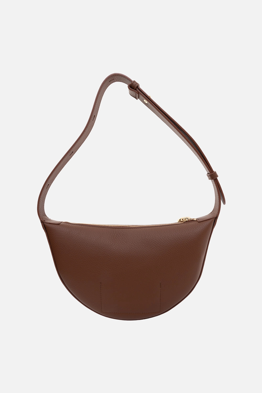 JOSEPH leather shoulder bag in cinnamon, back view, smooth crescent body with stitched panel detailing and top zip