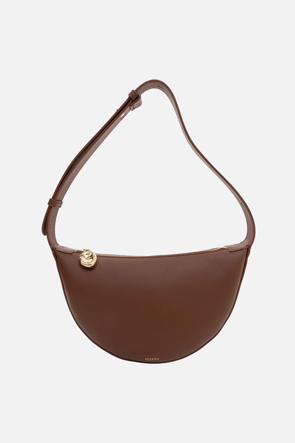 JOSEPH leather shoulder bag in cinnamon, front view, curved crescent shape with adjustable strap and gold logo stamp