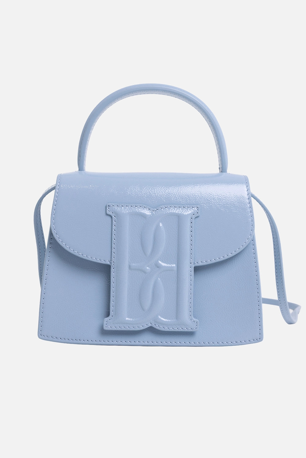 By Malene Birger women's handbag in Dream Blue, front view, structured flap and raised monogram panel