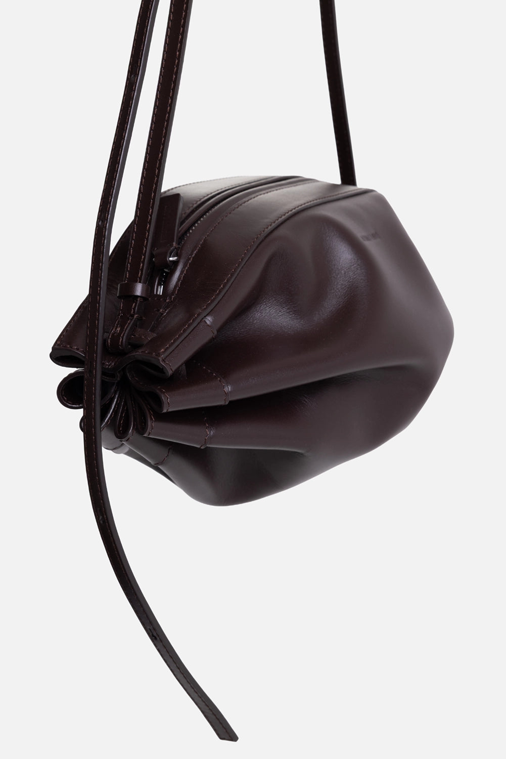 Helmut Lang women's shoulder bag in mahogany, 3/4 view, silver-tone zip and soft inflated curves