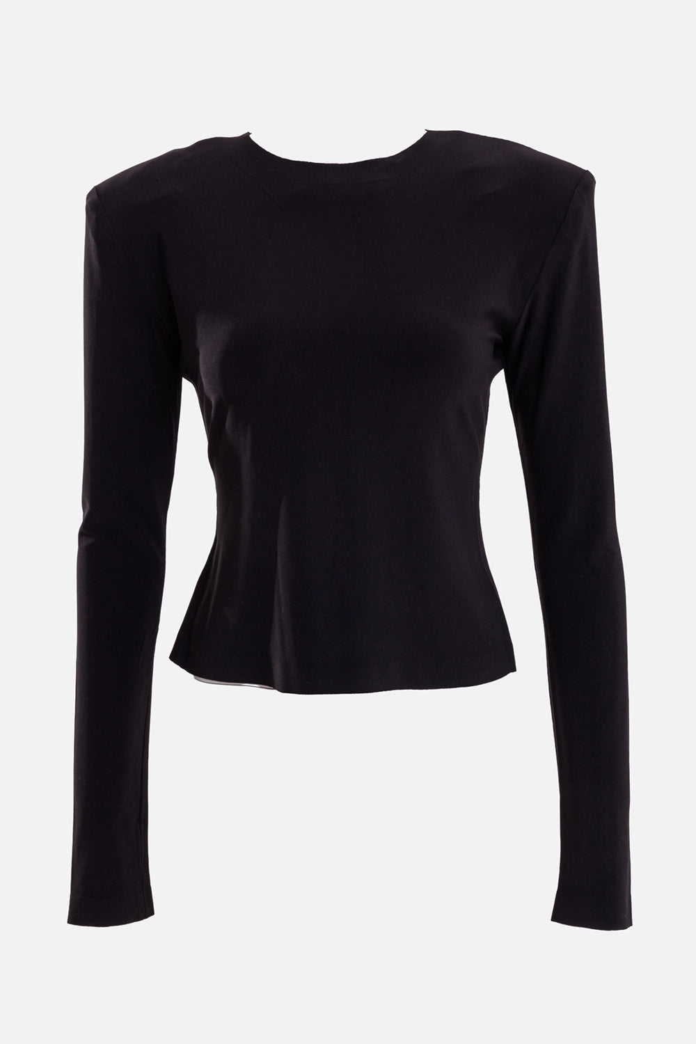 Norma Kamali women's black shoulder-pad top, front view with crew neck, structured shoulders and long sleeves