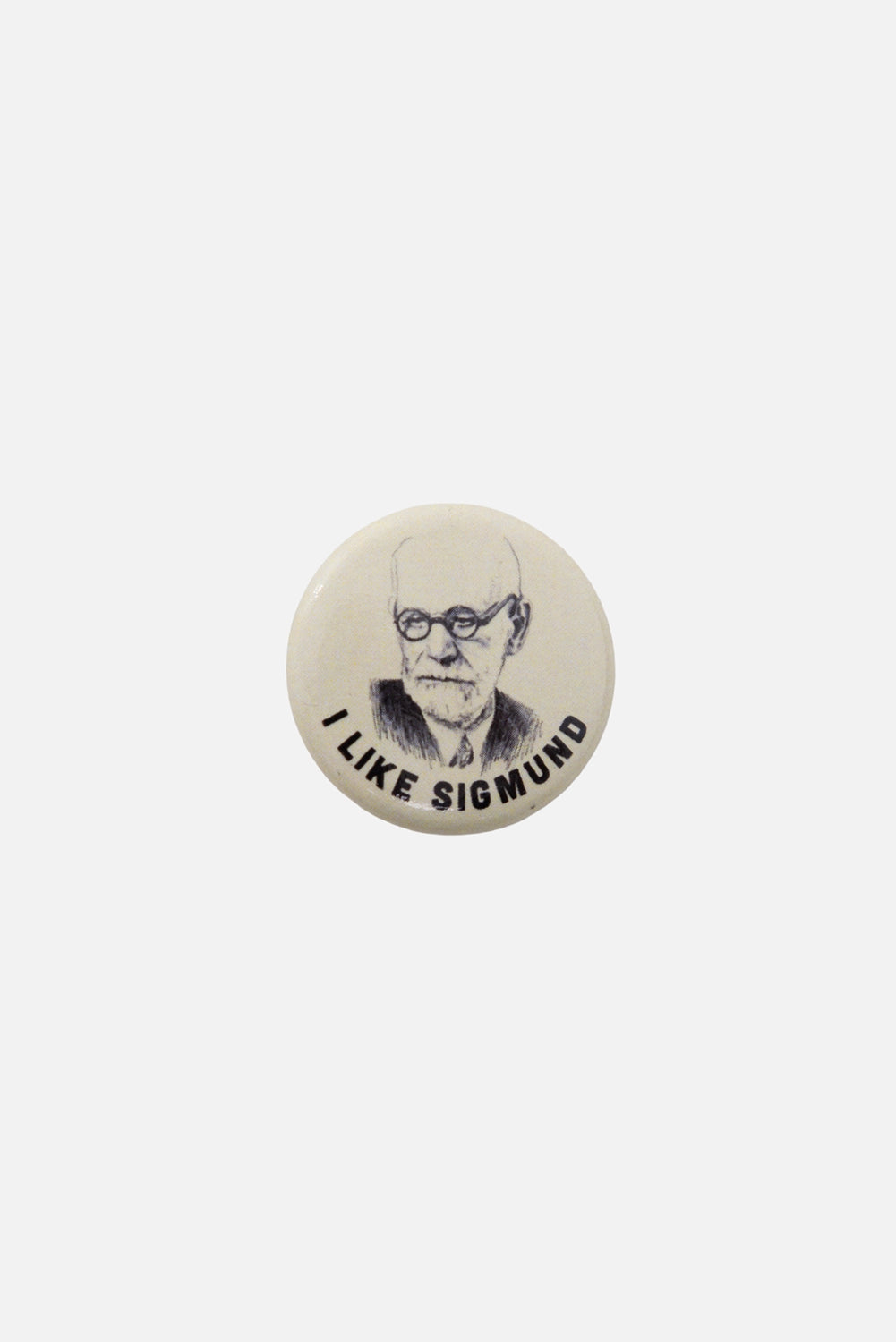 I Like Sigmund unisex pin badge in ivory/black, front view, portrait graphic and curved text