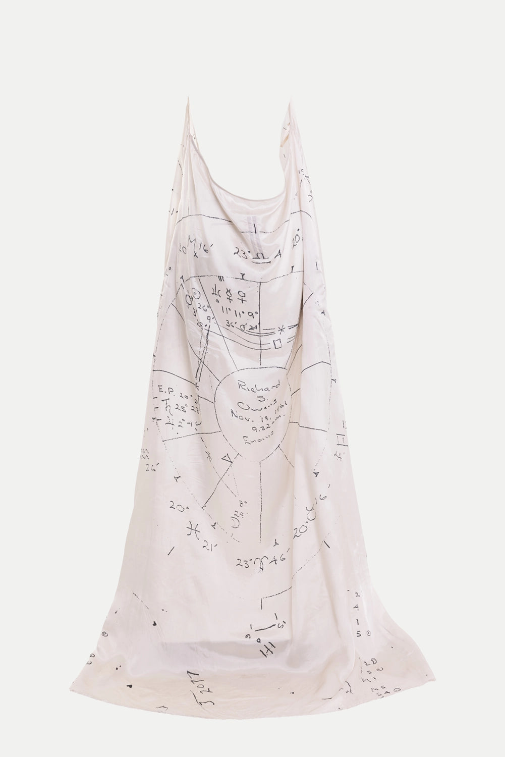 Rick Owens women's silk gown in milk and black, 3/4 view, draped scoop opening with hand-drawn chart lines