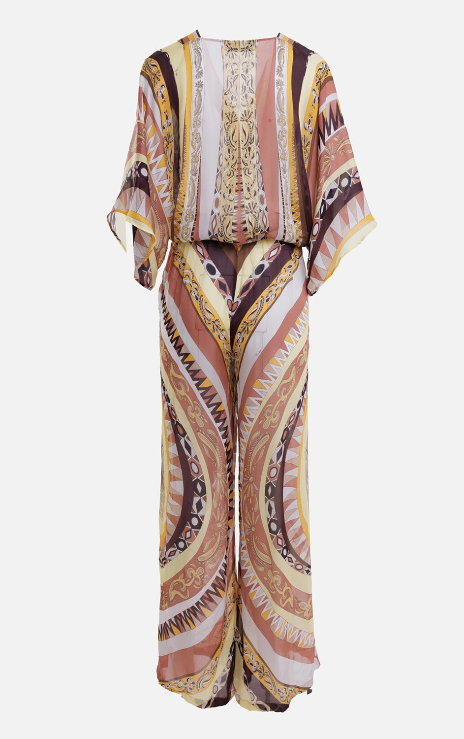Emilio Pucci women's jumpsuit in multicolor, back view, wide legs and scarf-style geometric print
