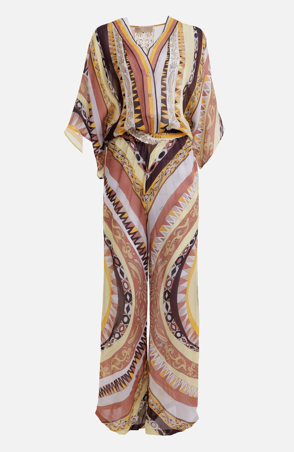 Emilio Pucci women's jumpsuit in multicolor, front view, V neckline and geometric silk print