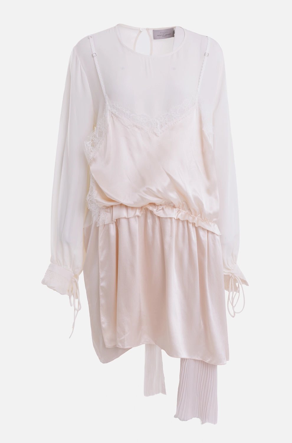 Preen by Thornton Bregazzi women's dress in ivory, front view, silk overlay with lace trim and tie cuffs