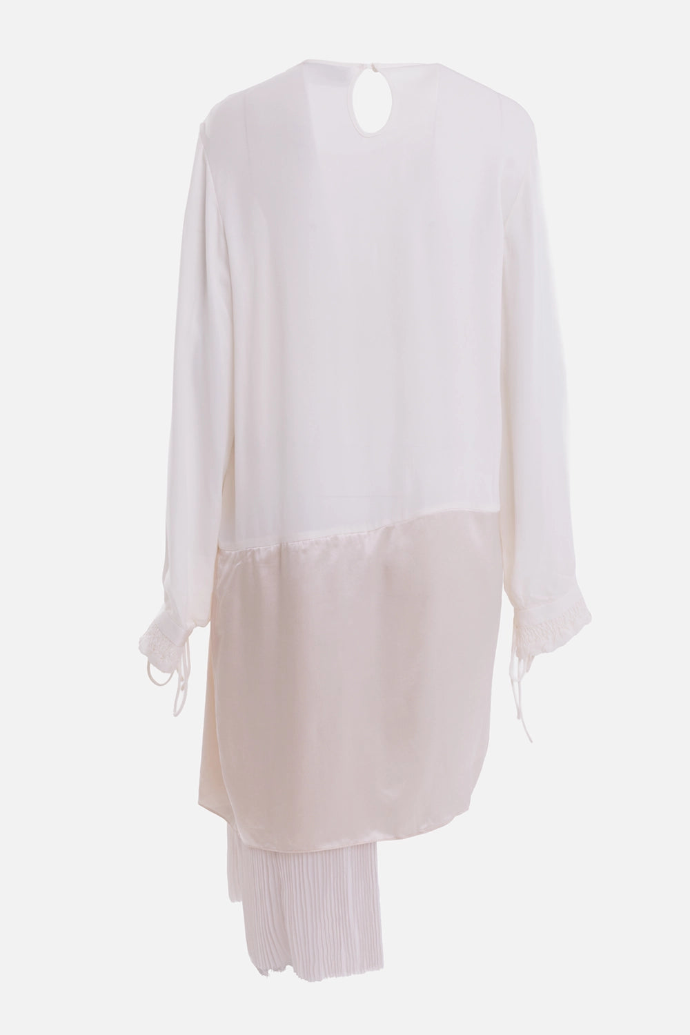 Preen by Thornton Bregazzi women's dress in ivory, label detail, neck tag beside back keyhole button