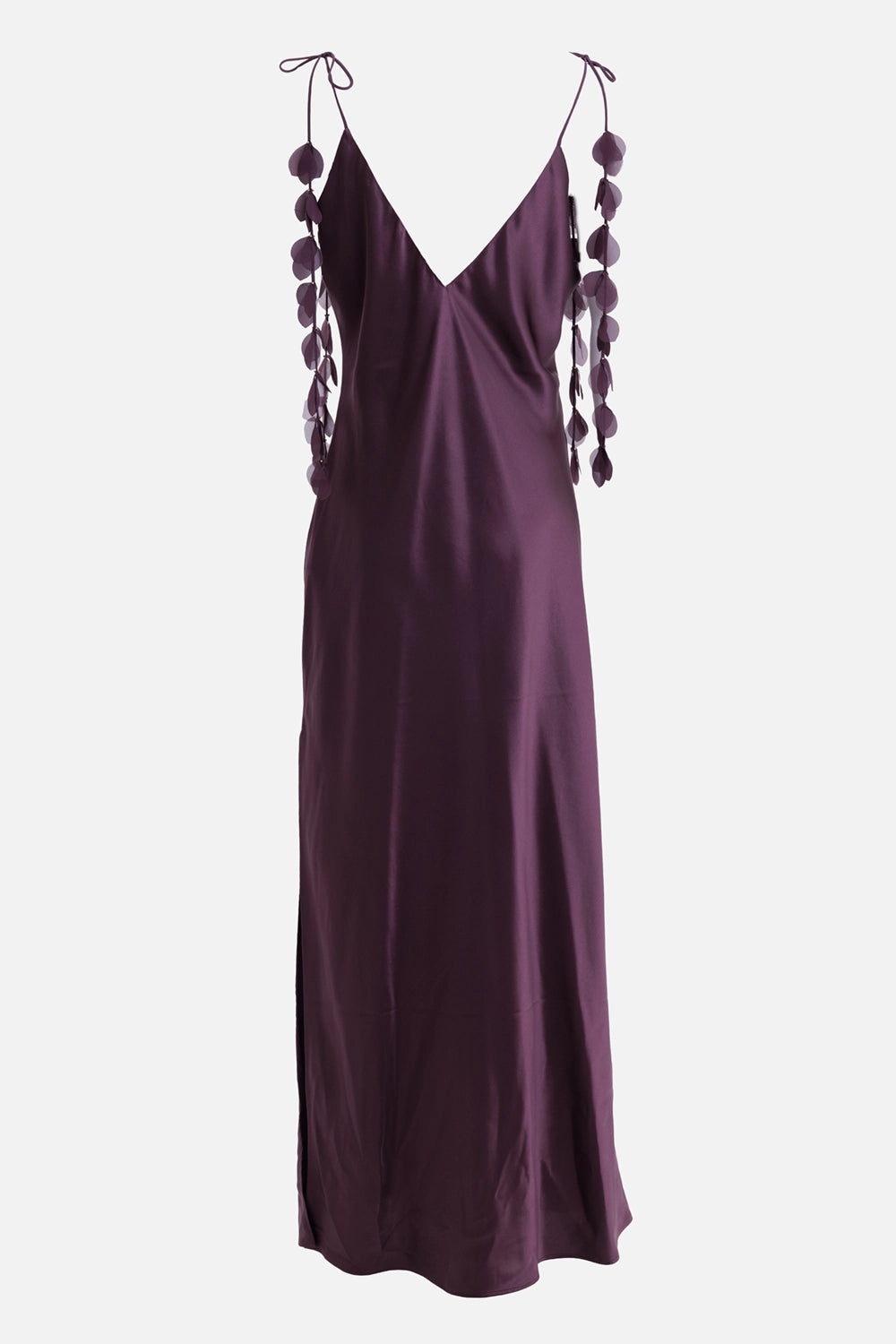 By Malene Birger women's silk maxi slip dress in aubergine, front view with V-neck and leaf-detailed straps