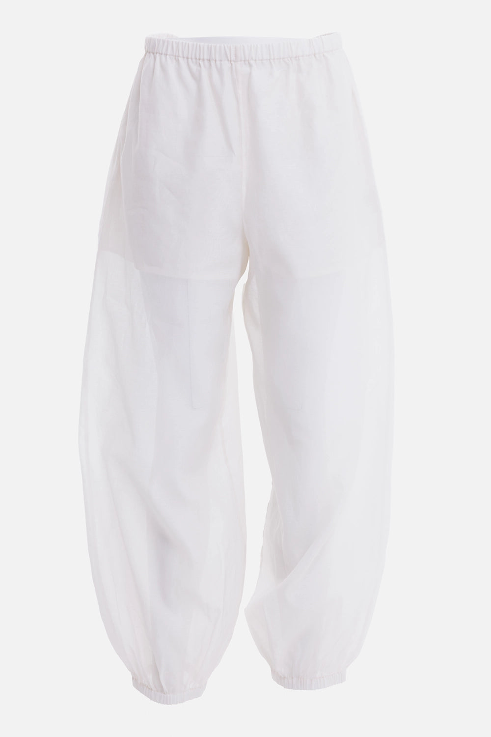 By Malene Birger women's trousers in Soft White, front view with elastic waist and translucent panel seams