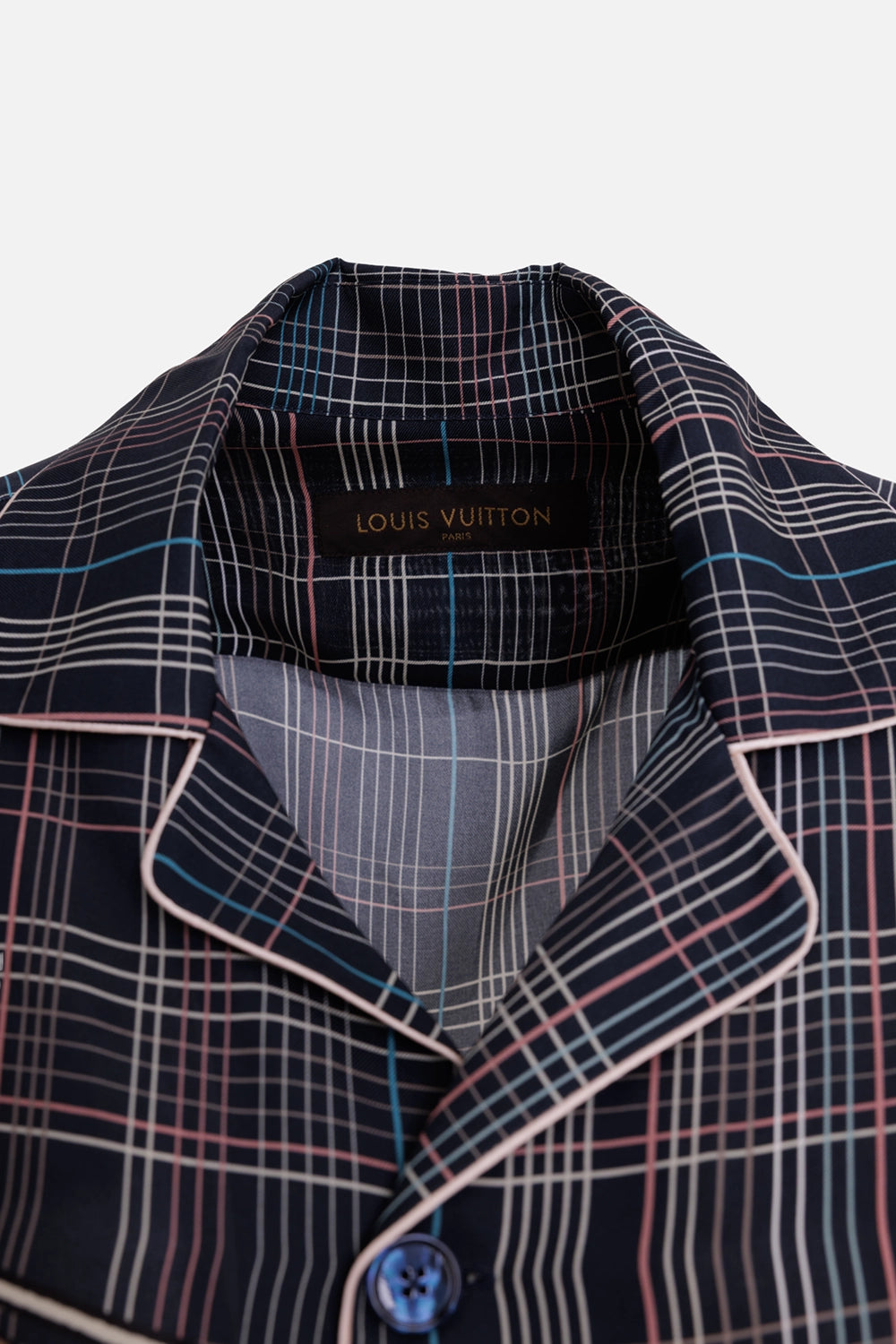 Louis Vuitton men's silk pajama shirt in navy multicolor, label view, plaid collar and blue button