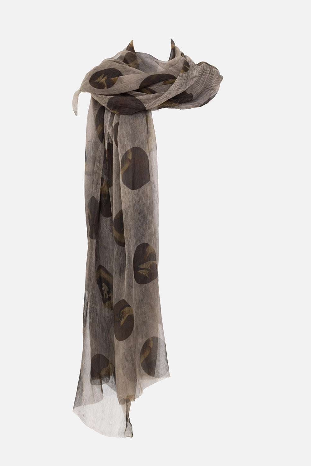 Uma Wang women's silk scarf in grey/brown, 3/4 view, raw-cut edges with all-over graphic dot print