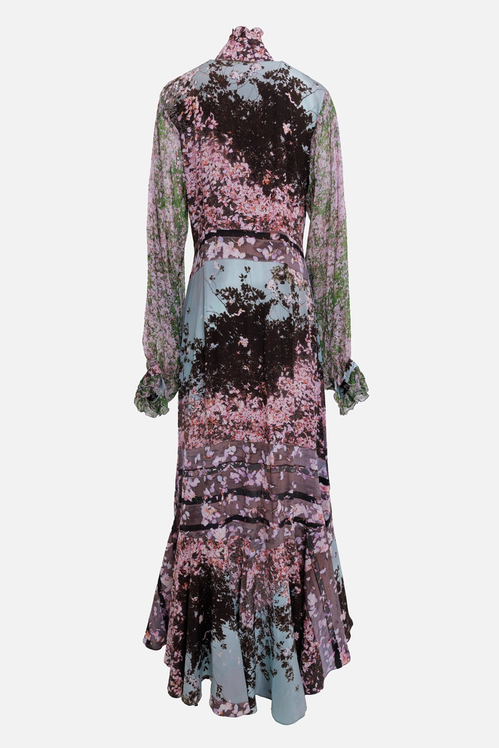 Natasha Zinko women's silk shirt dress in multicolor, back view, sheer green sleeves and flared hem
