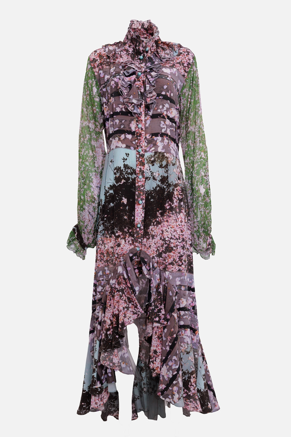 Natasha Zinko women's silk shirt dress in multicolor, front view, ruffle placket and beaded buttons
