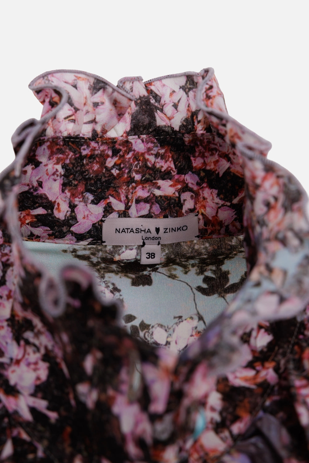 Natasha Zinko women's silk shirt dress in multicolor, label view, ruffled floral collar