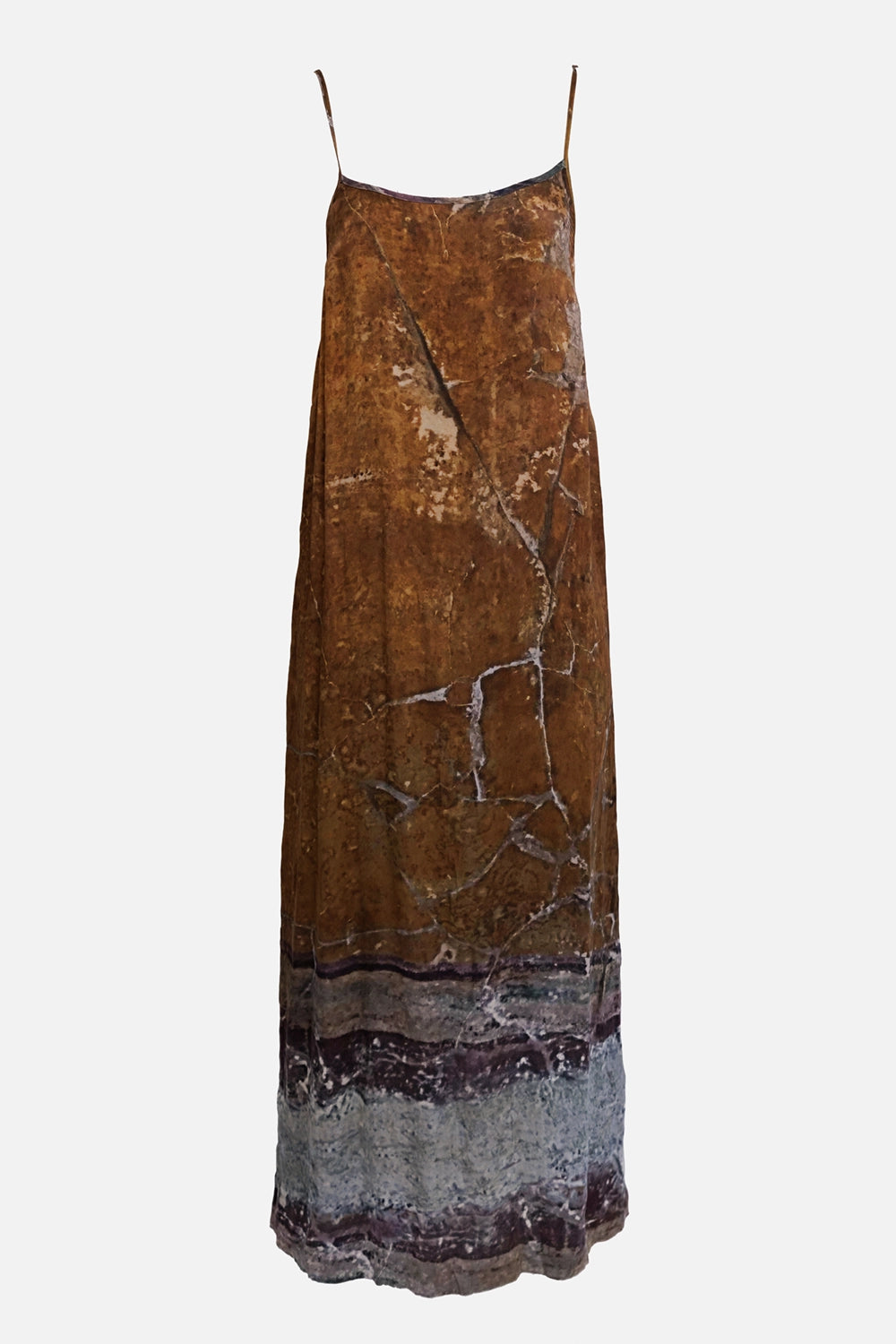Uma Wang women's slip dress in brown, front view, thin straps and abstract marble-effect print