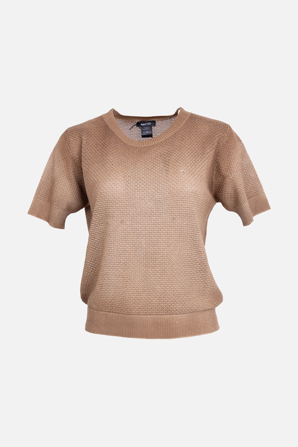 Avant Toi women's silk stitch sweater in sughero, front view, airy textured knit with ribbed hem