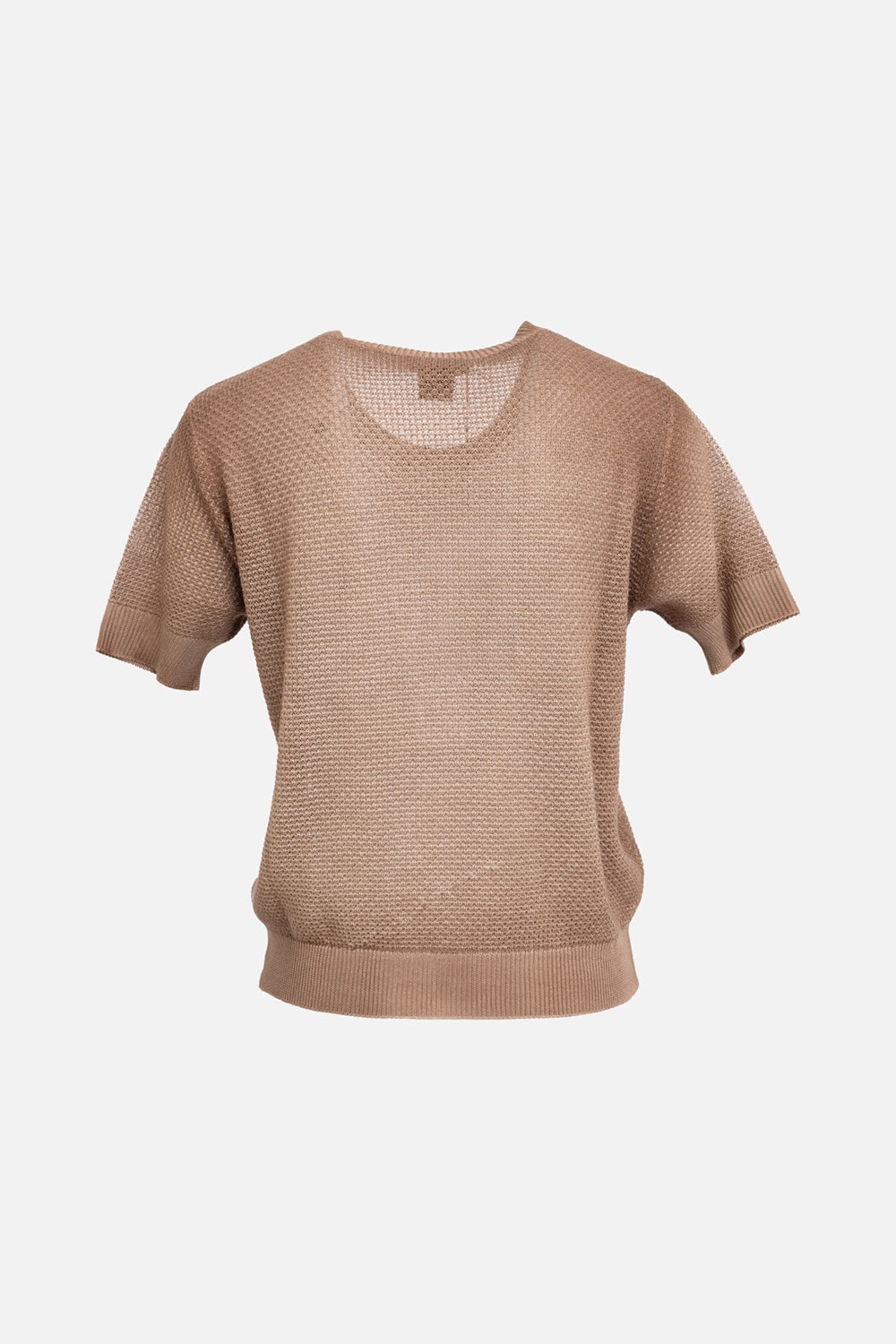 Avant Toi women's silk stitch sweater in sughero, label view, crewneck ribbing and interior brand label
