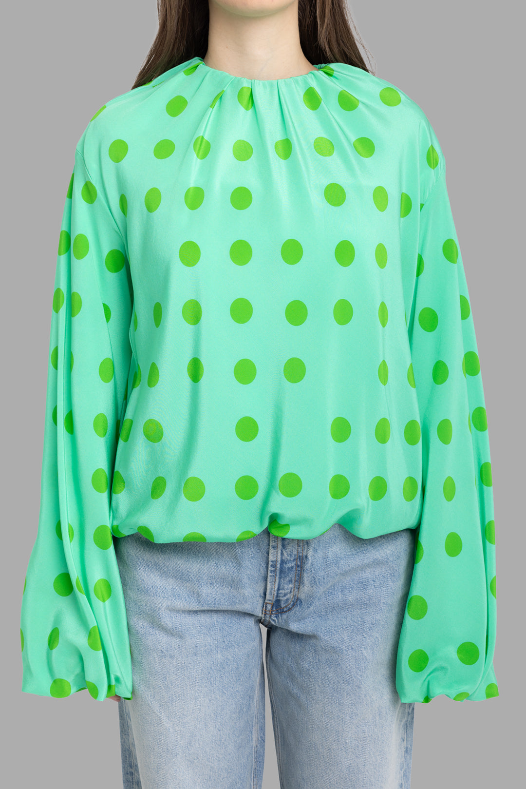 Natasha Zinko women silk top in green, front view, gathered neckline with oversized polka dots