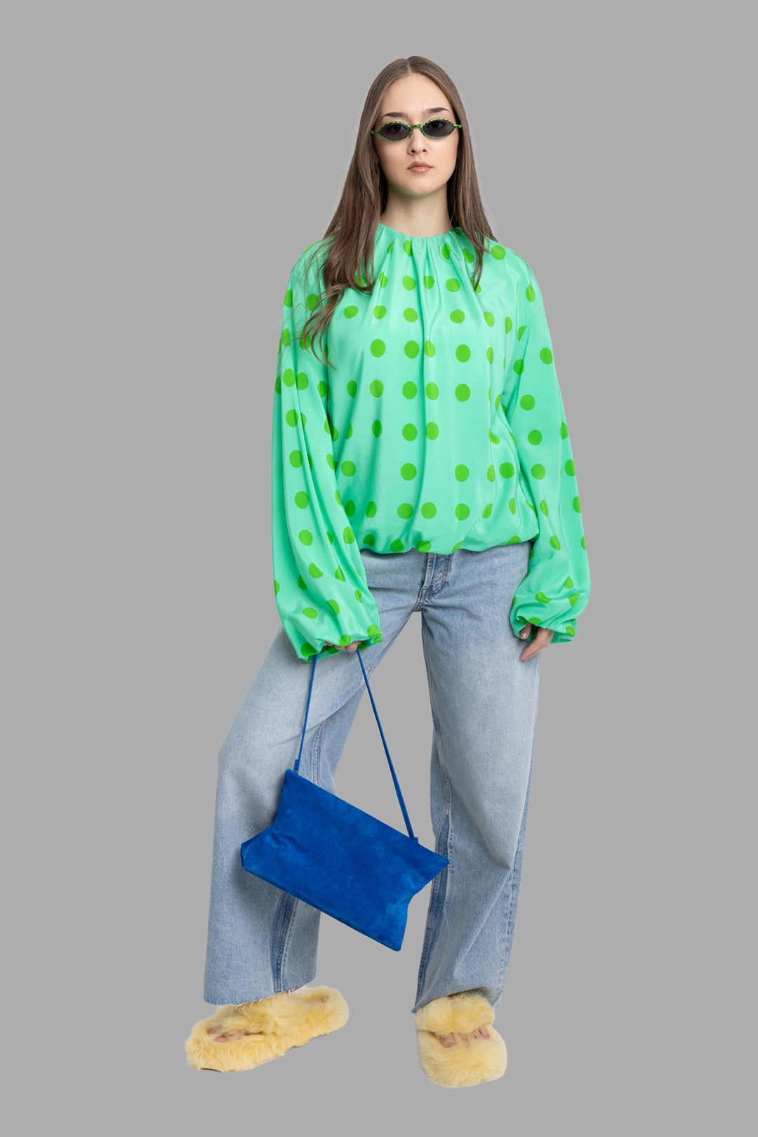 Natasha Zinko women silk top in green, on-model full length, bold polka dots and voluminous sleeves