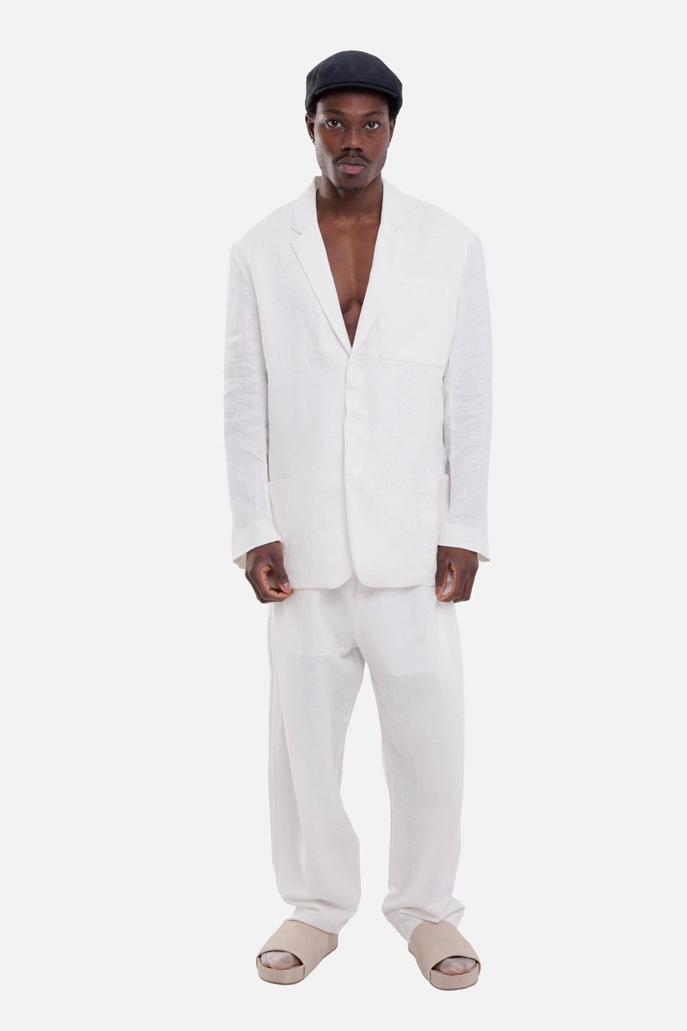 Giovanni Cavagna men's blazer in butter, on-model full-length view, notched lapels and patch pockets