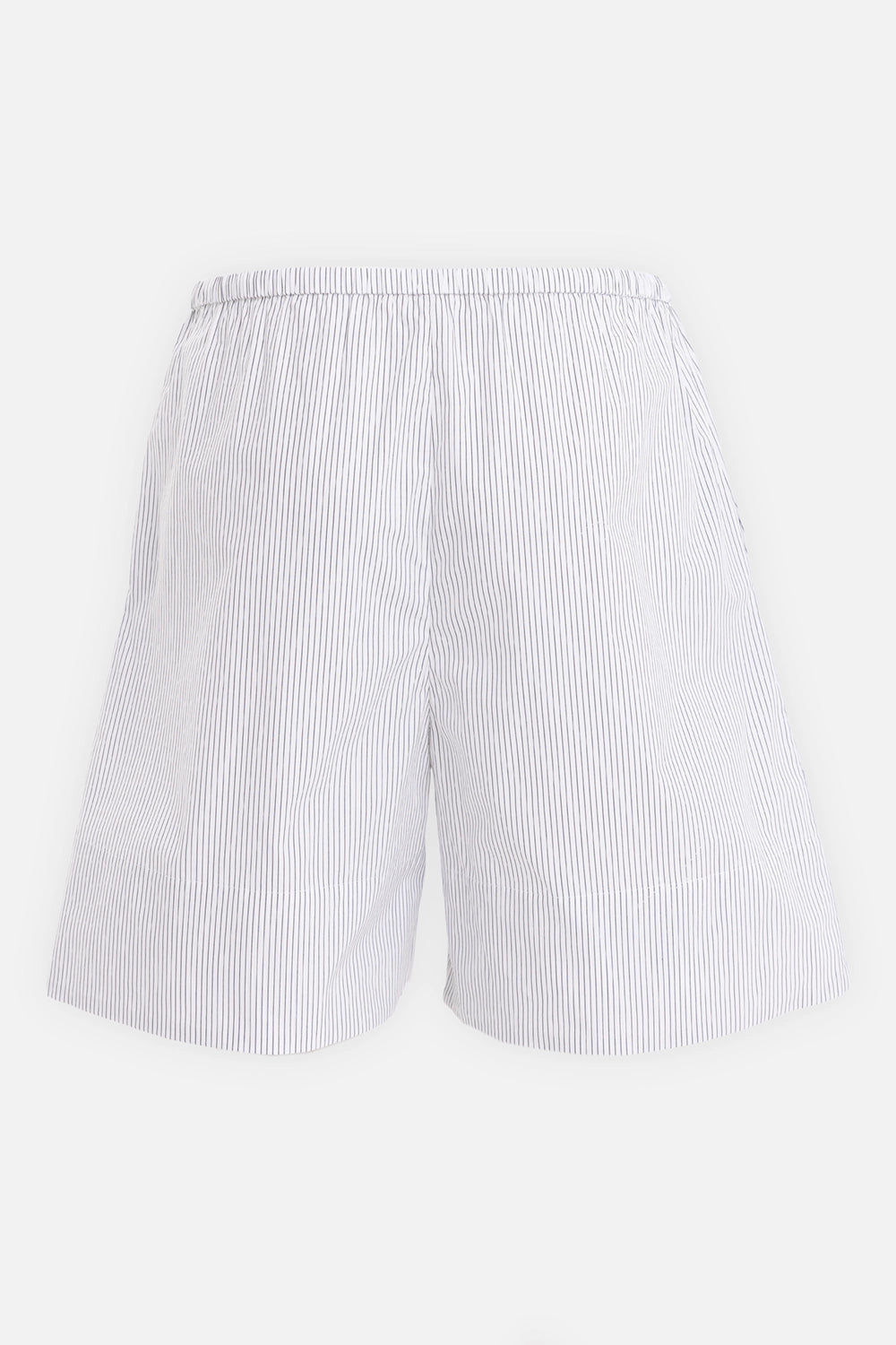 By Malene Birger women's striped cotton shorts in black and white, back view, relaxed leg and elastic waist