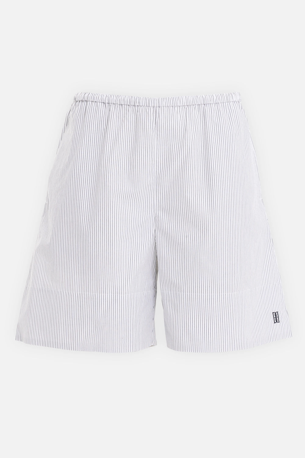 By Malene Birger women's striped cotton shorts in black and white, front view, elastic waist and hem logo