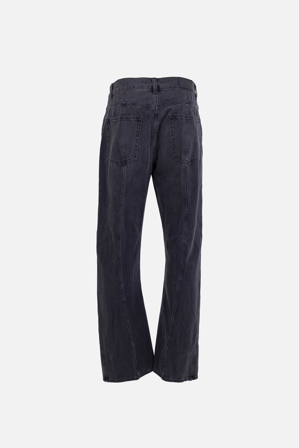 Helmut Lang men's ski jeans in faded black, back view, leather logo patch and classic rear pockets