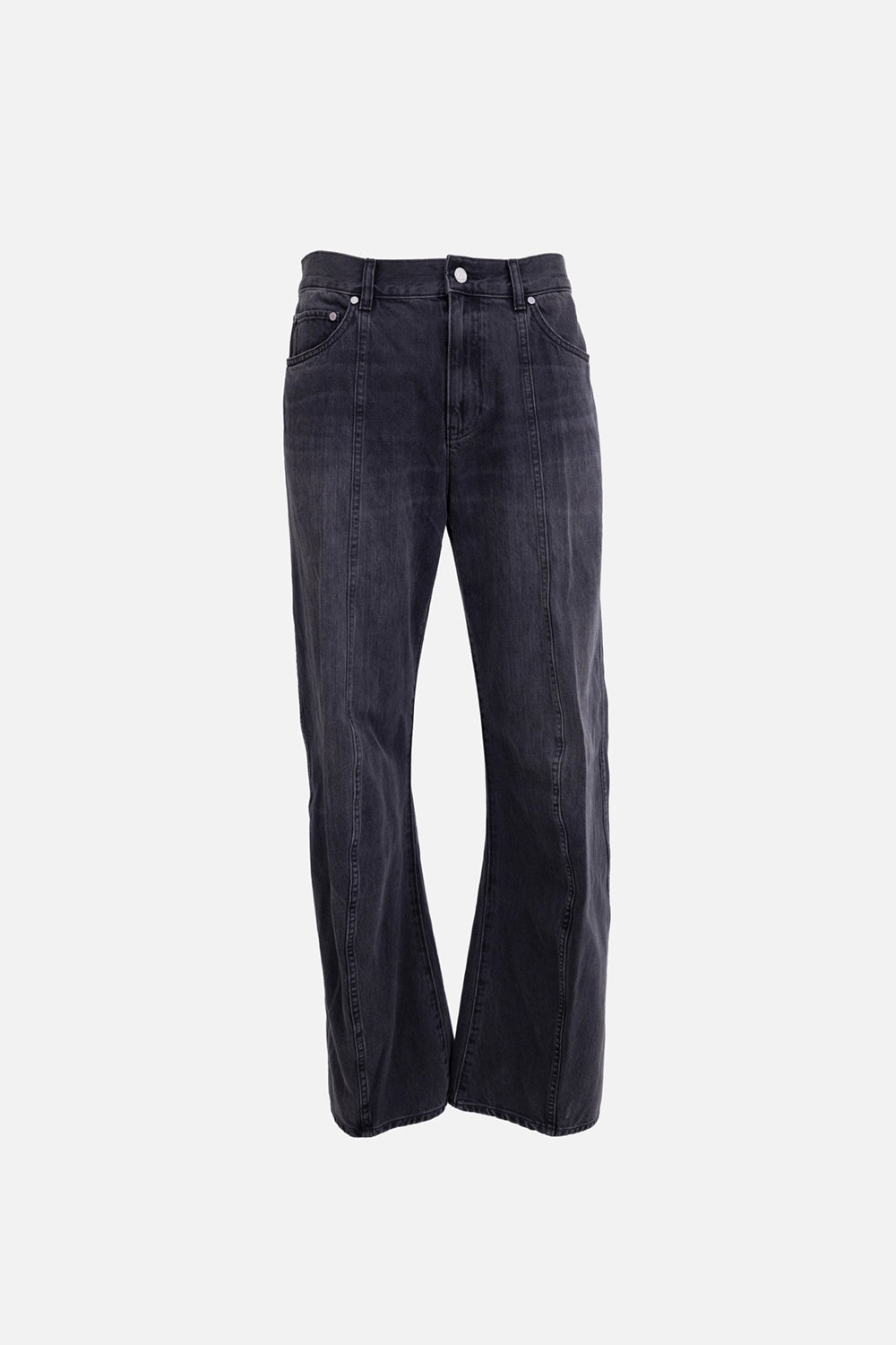 Helmut Lang men's ski jeans in faded black, front view, curved knee seam detailing and five-pocket styling