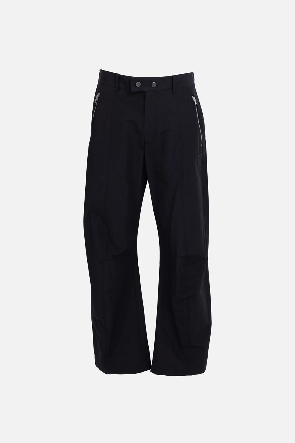 Helmut Lang men's ski pants in black, front view, snap-tab waist with clean front seams