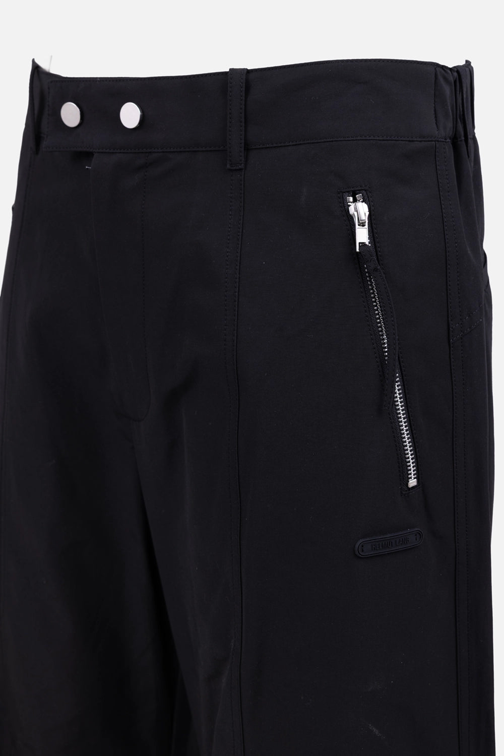Helmut Lang men's ski pants in black, zipper detail, silver zip pocket with tonal logo patch