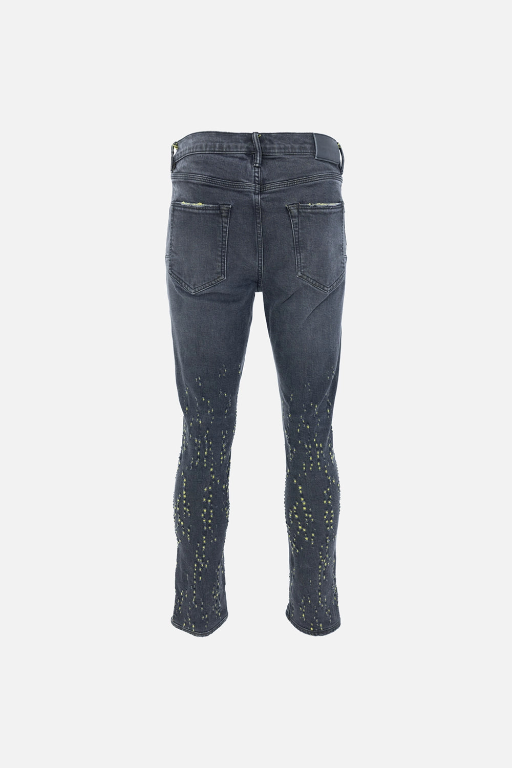 Pre-owned Purple men's skinny jeans in charcoal black, back view, five-pocket design with paint-splatter legs