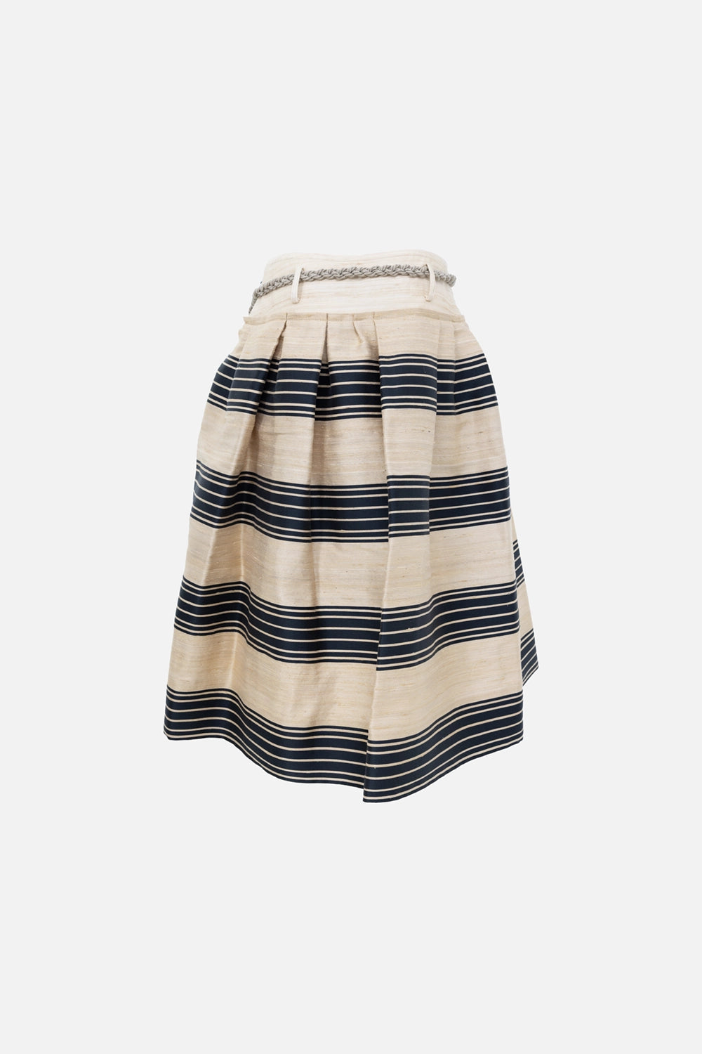 Pre-owned Oscar de la Renta women's skirt in beige and navy, front view, pleated waist with braided rope belt